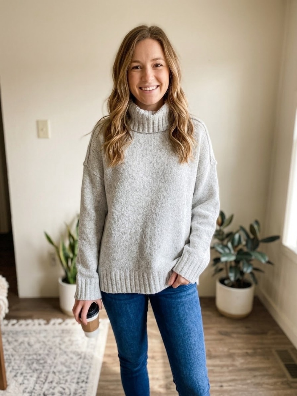 Michael kors Cozy High-Neck Ribbed Hem Knit Sweater - Light Gray medium